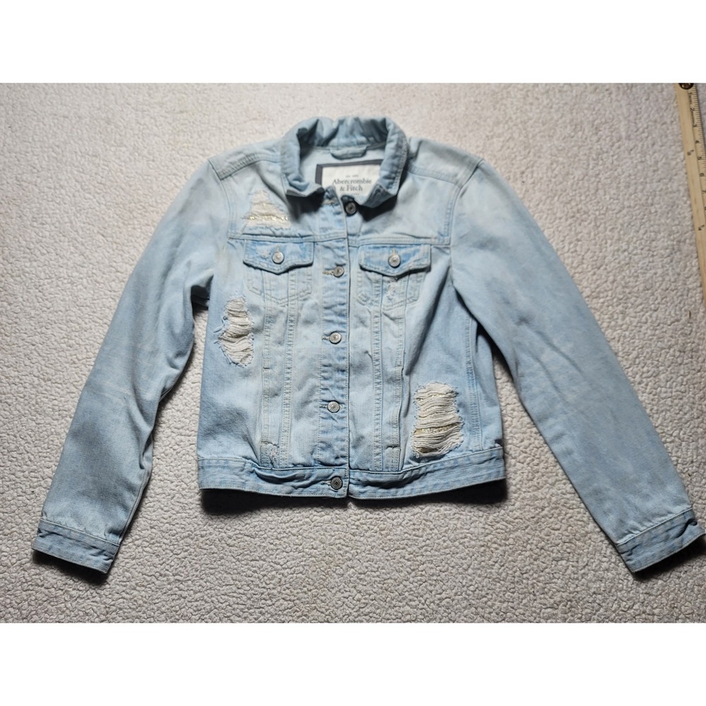 Abercrombie & Fitch Distress Denim Jacket Light Wash Gold Thread Accents Mens M